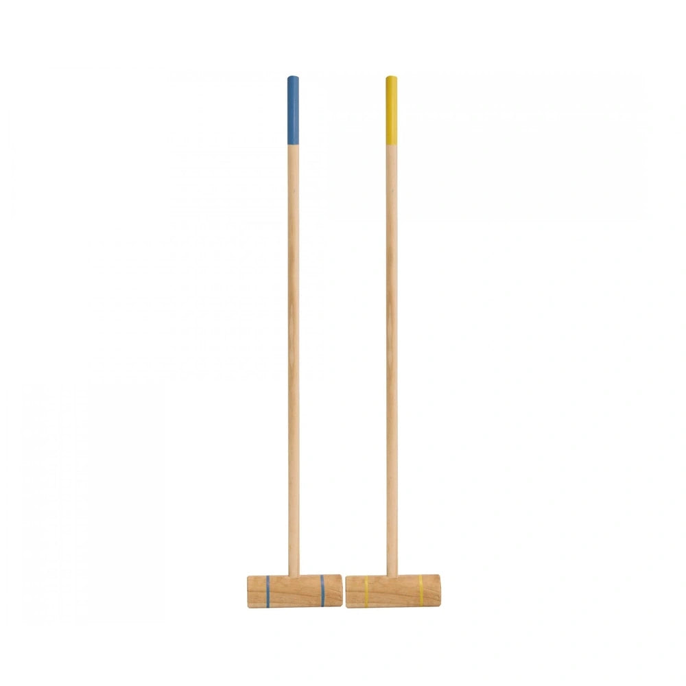 Eichhorn Outdoor Croquet Set featuring two wooden brooms with colored bristles against a white background.