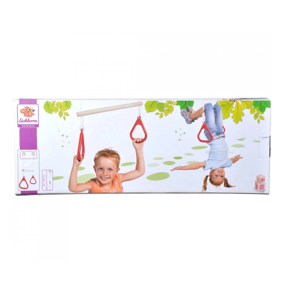 Eichhorn Outdoor Gymnastics Rings, colorful childrens play equipment for balance and coordination, featuring a smiling child.