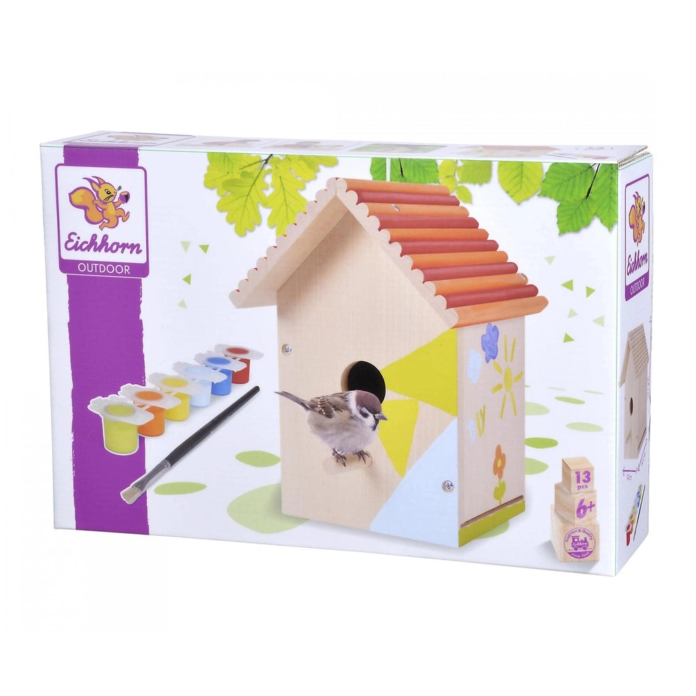 Eichhorn Outdoor Make Your Own Birdhouse kit featuring colorful illustrations and art supplies for creative kids crafts.