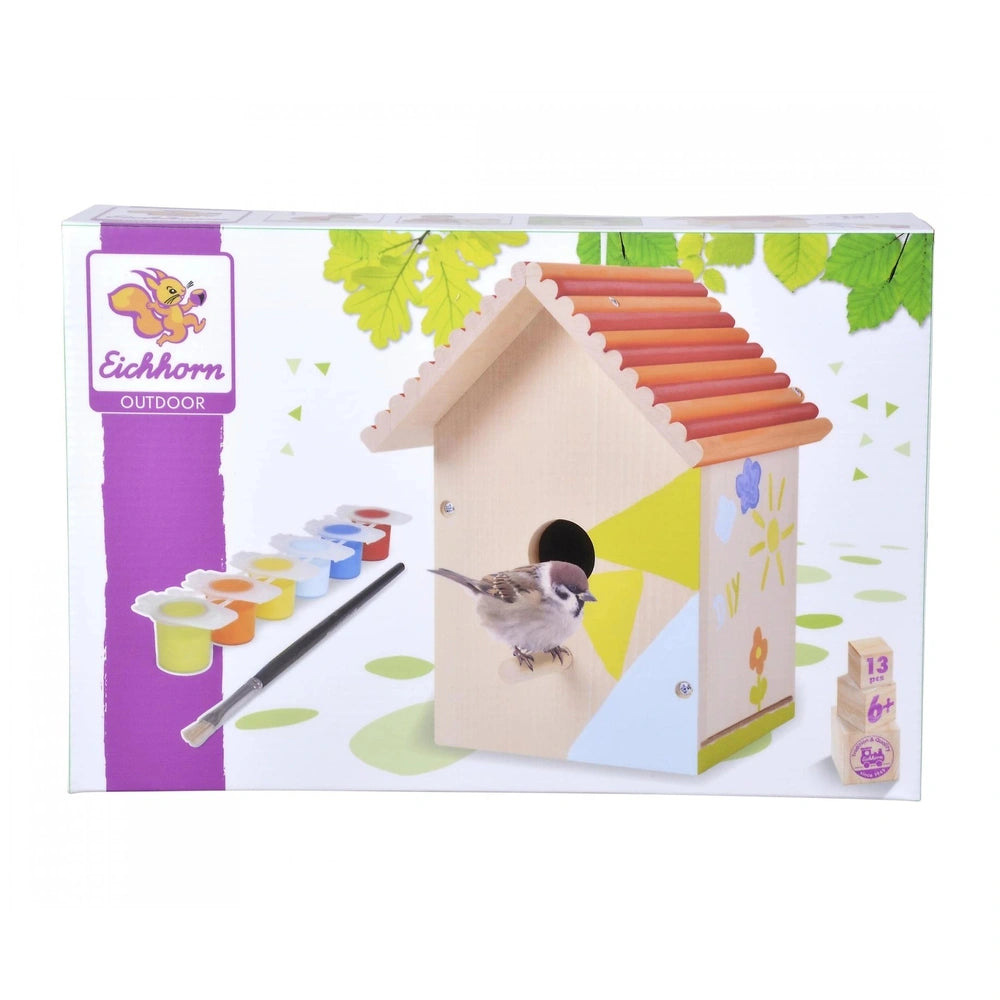Eichhorn outdoor birdhouse kit for arts and crafts, featuring paint cups and a paintbrush for creative play.