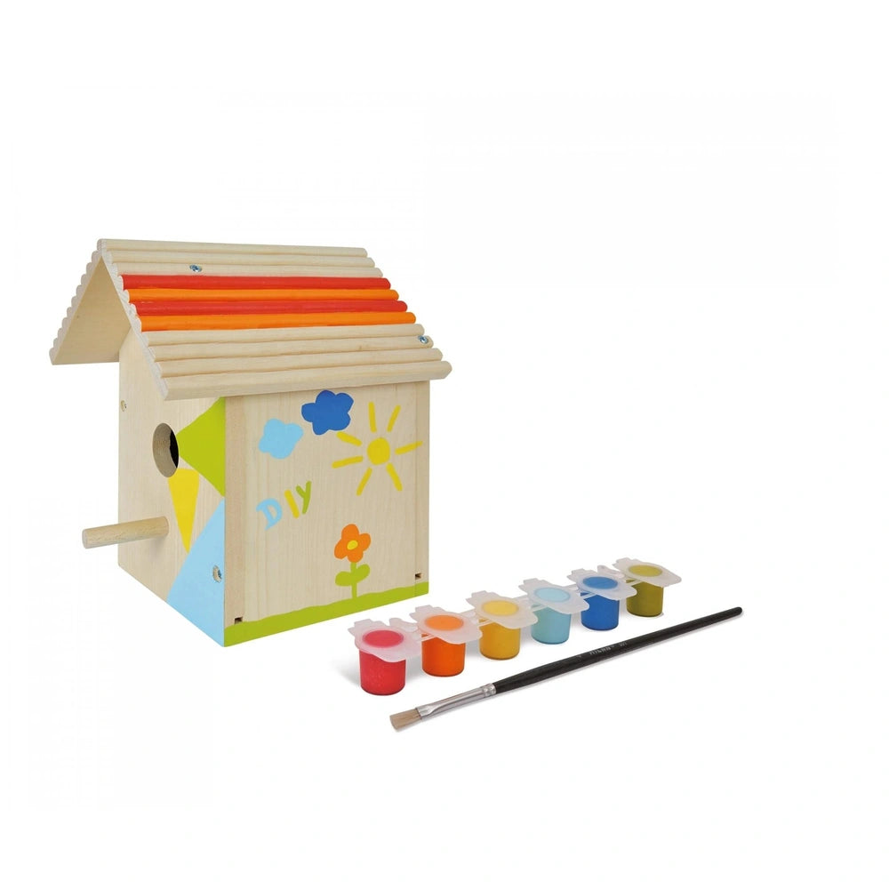 Eichhorn outdoor birdhouse kit with colorful design, paint supplies, and brush for arts and crafts fun.