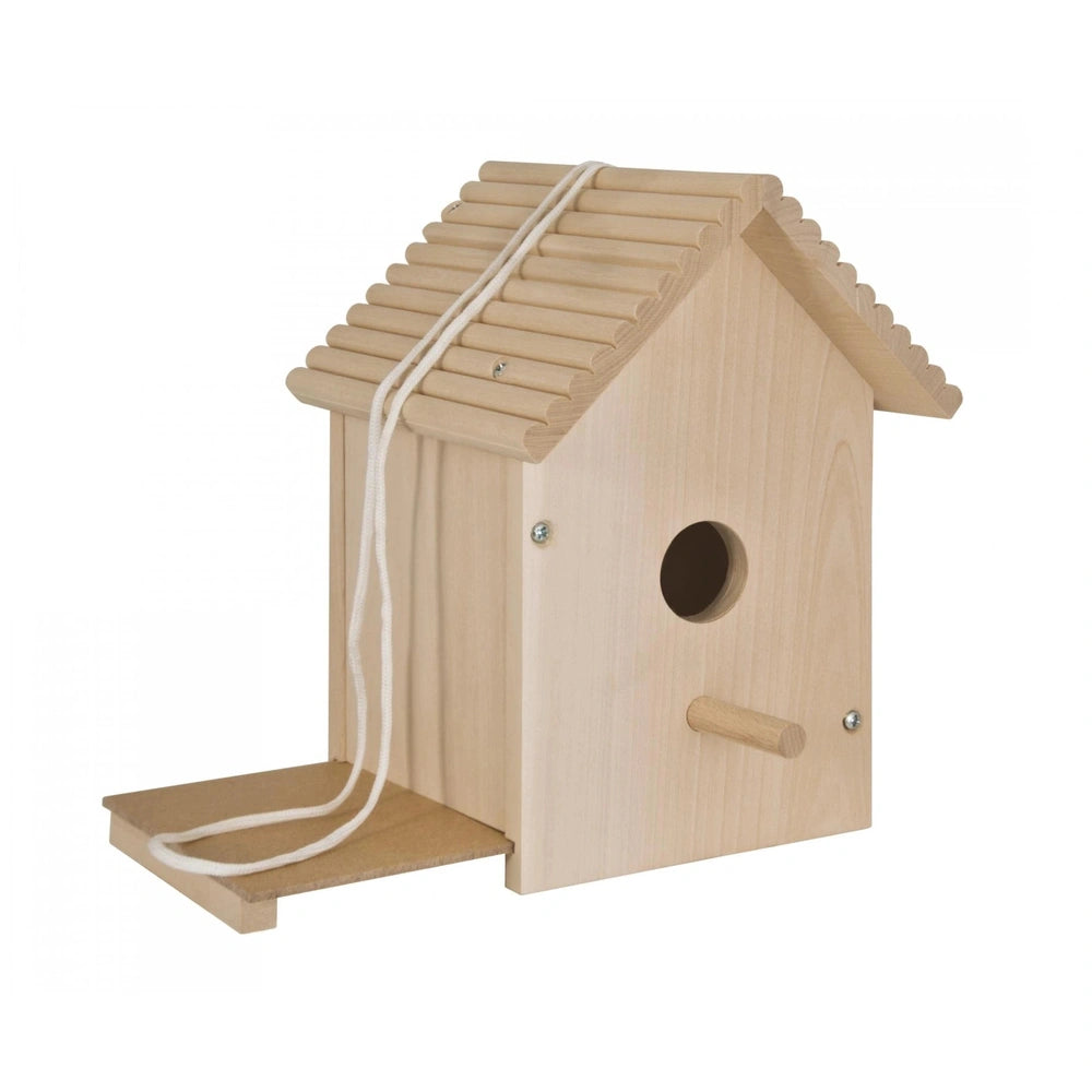 Eichhorn outdoor make your own birdhouse with traditional design, light wood finish, pointed roof, and opening door.