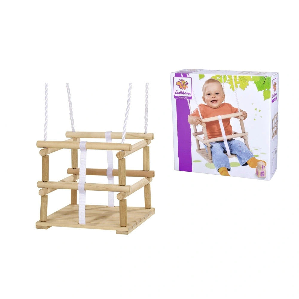 Eichhorn Outdoor Wooden Baby Swing for kids, featuring a sturdy wooden structure and vibrant packaging illustration.