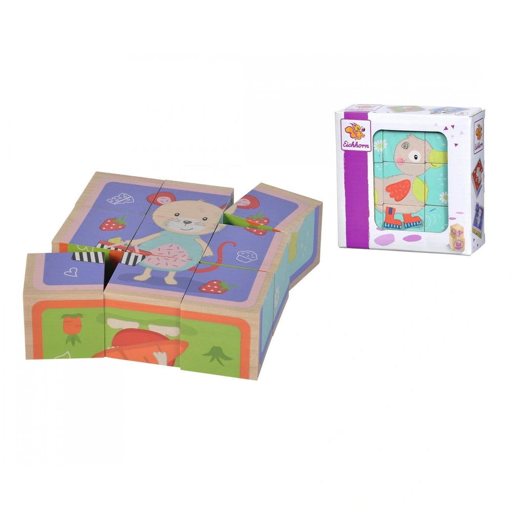 Eichhorn Picture Cube Friends set featuring colorful puzzle and boxed character toy for young children.