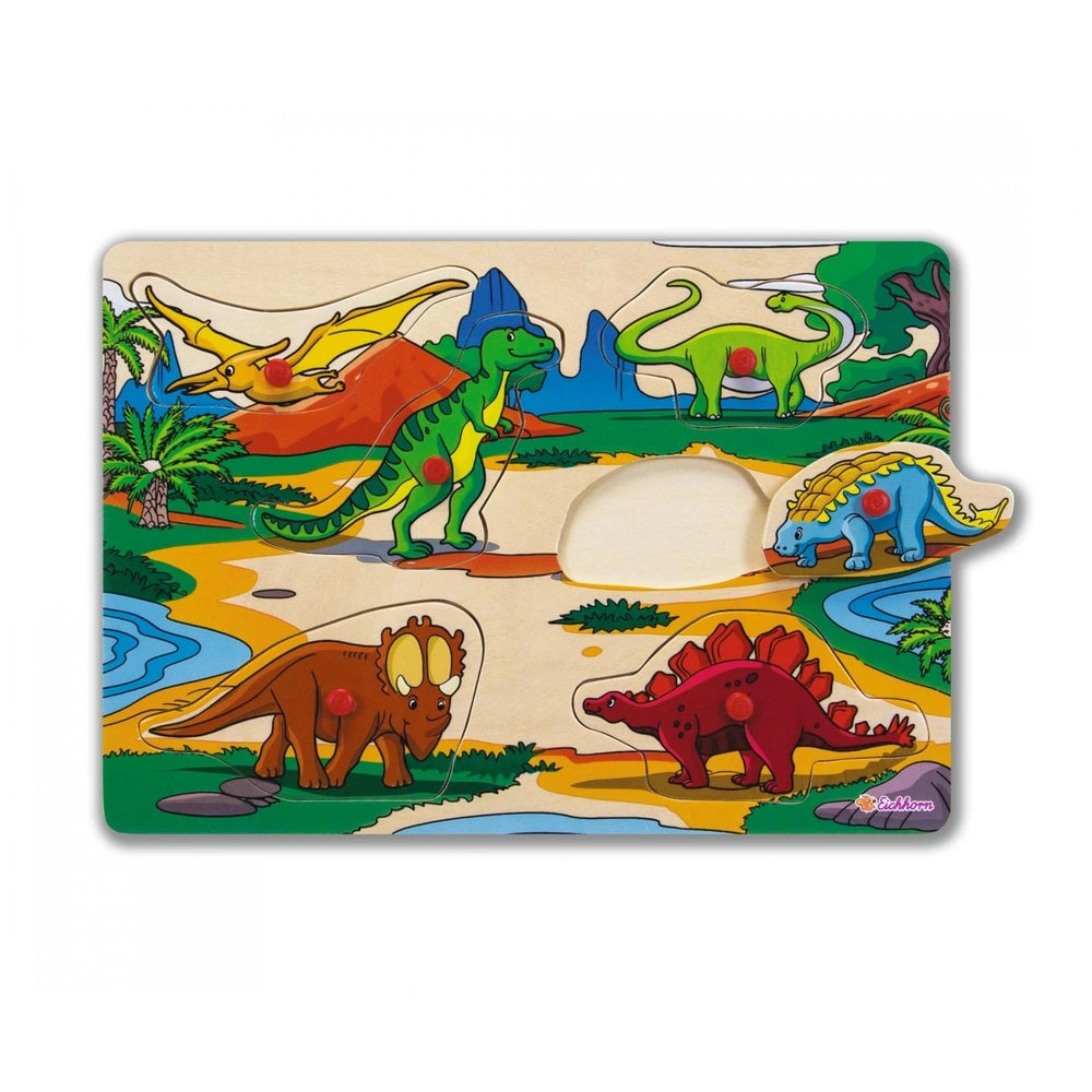 Eichhorn Pin Puzzle featuring colorful dinosaur illustrations in a prehistoric landscape, perfect for children.