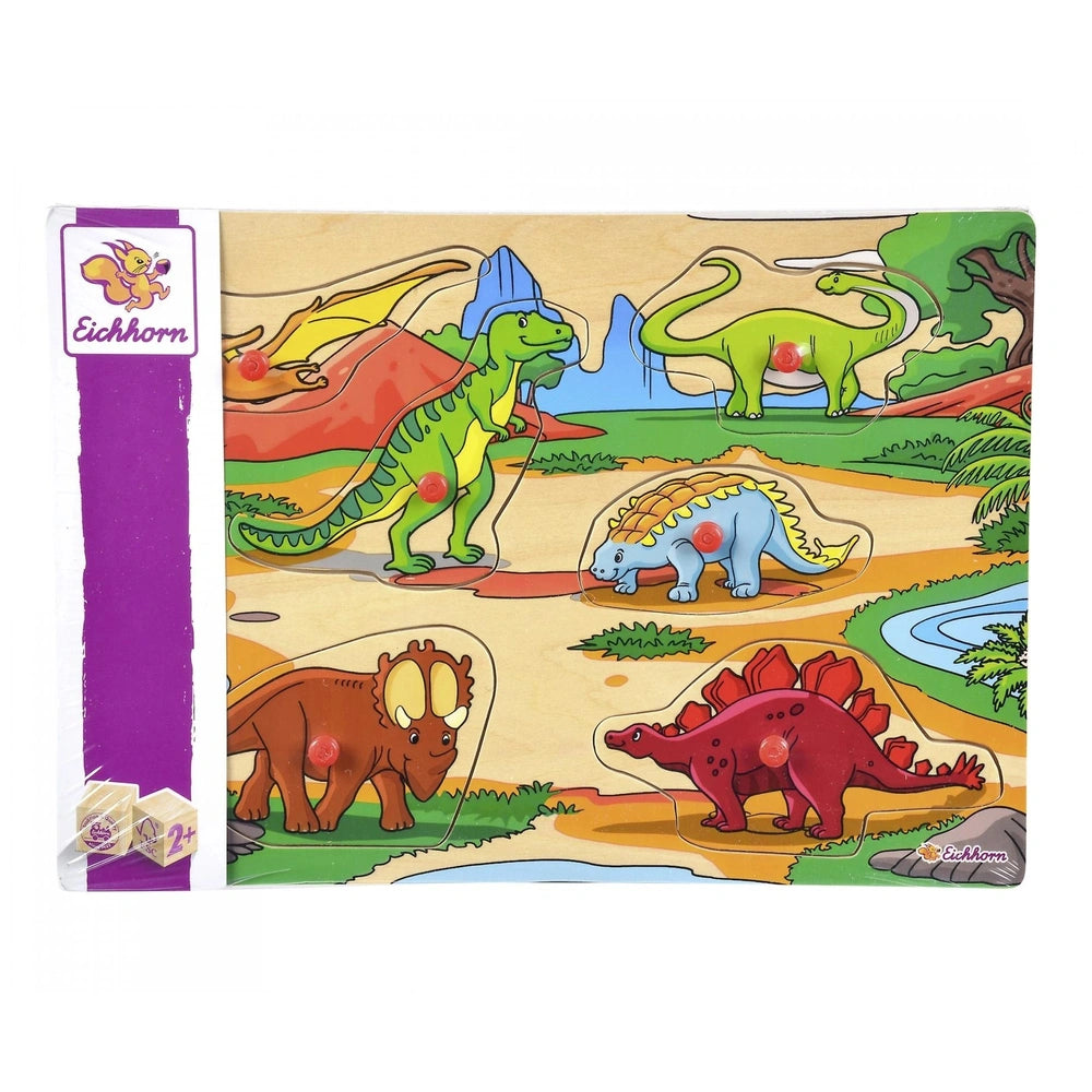 Eichhorn Pin Puzzle features a colorful dinosaur scene with various playful dinosaurs in a prehistoric setting.
