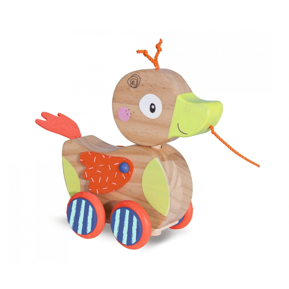 Eichhorn pull-along animal duck toy in bright colors, featuring a heart, smiling mouth, and four vibrant wheels for playful f