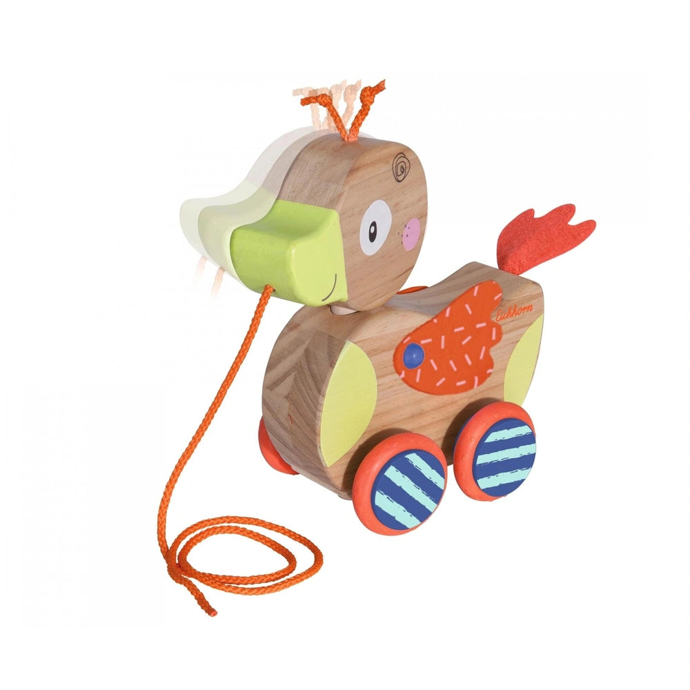 Eichhorn Pull-along Animal Duck in vibrant colors, featuring wheels and a string for easy mobility on a plain white backgroun