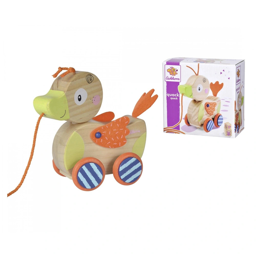 Eichhorn Pull-along Animal Duck is a cheerful wooden toy featuring a friendly dog design with colorful wheels and a bird comp