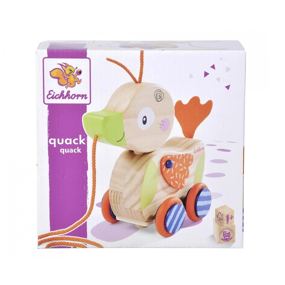 Eichhorn Pull-along Animal Duck toy with brown body, green head, orange wheels, in a vibrant purple box, designed for kids.