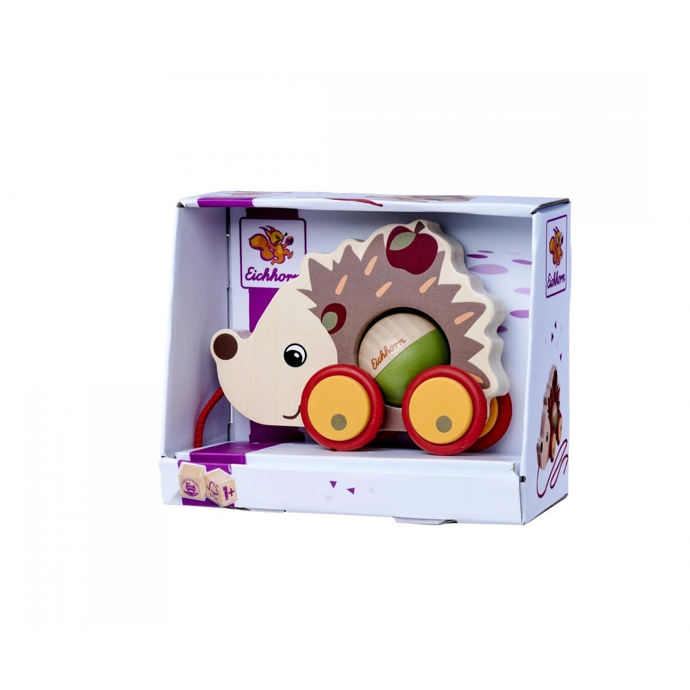 Eichhorn Pull Back Hedgehog toy box features whimsical design with hedgehog graphic and playful colors, perfect for kids.