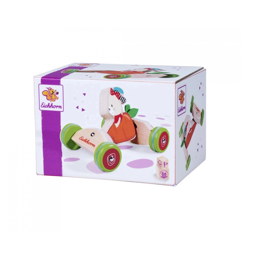 Eichhorn Push Vehicle box featuring colorful design, cartoon character, and toy cars ready for playtime.