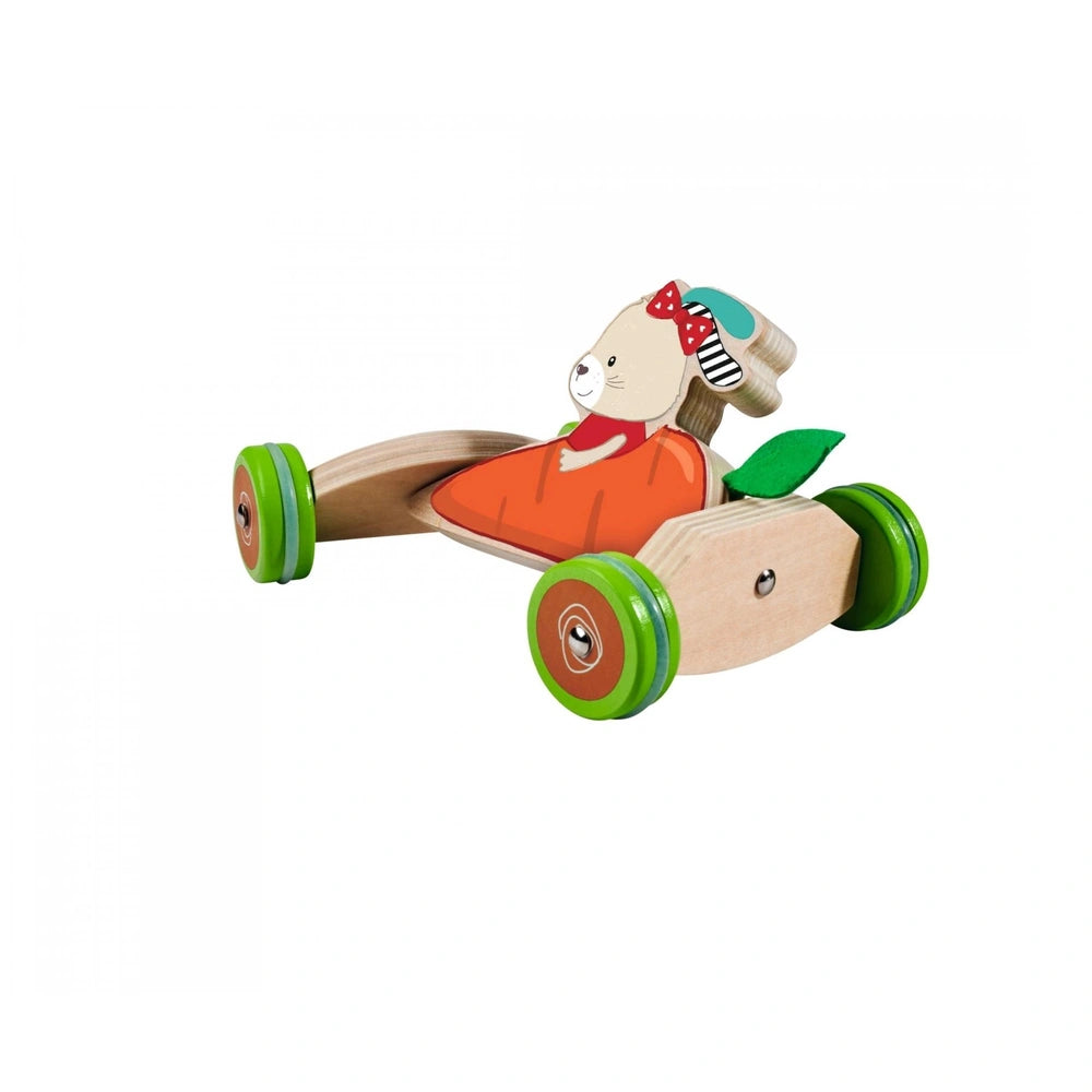 Eichhorn Push Vehicle: A colorful wooden toy car with a smiling face, designed for playful push and pull fun.