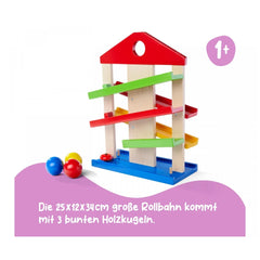Eichhorn Runway Baby Activity Toy features colorful wooden stacking pieces and balls, ideal for children 1 year and older.