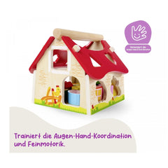 Eichhorn Sorting Farm wooden toy house with playful design, featuring chickens, vibrant colors, and eye-hand coordination ben