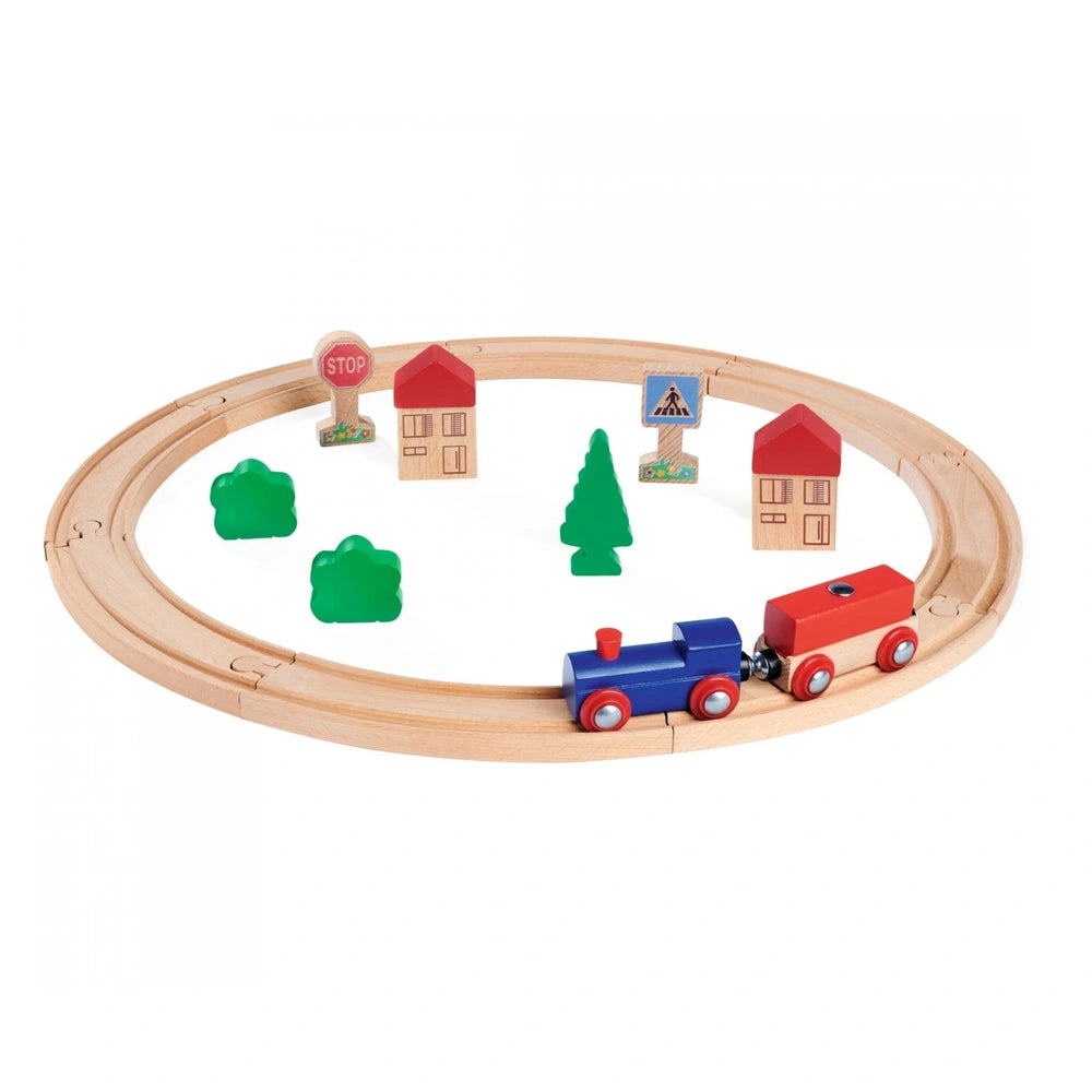 Eichhorn Train Track Playset features a colorful wooden train set with tracks, engines, passenger cars, and scenic accessorie