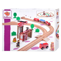 Eichhorn Train Track with Bridge Playset features a colorful wooden track, toy trains, and figures for imaginative play.