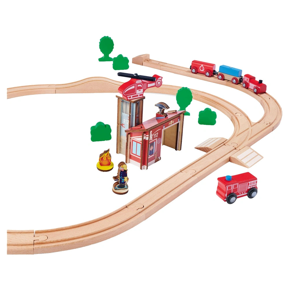 Eichhorn train track playset features colorful wooden trains, bridges, tunnels, and figures for imaginative play.