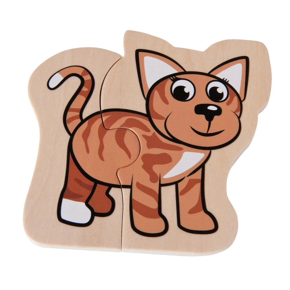 Eichhorn Wooden Animal Puzzle featuring a cartoon cat with a brown and orange tabby pattern on a natural wood piece.