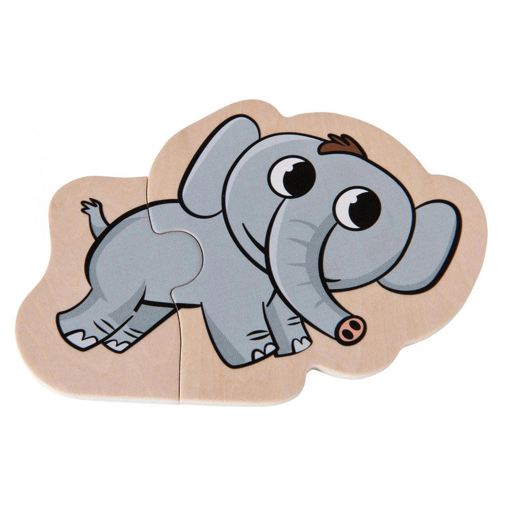 Eichhorn wooden animal puzzle featuring a friendly gray elephant with large eyes and a light brown interlocking piece.
