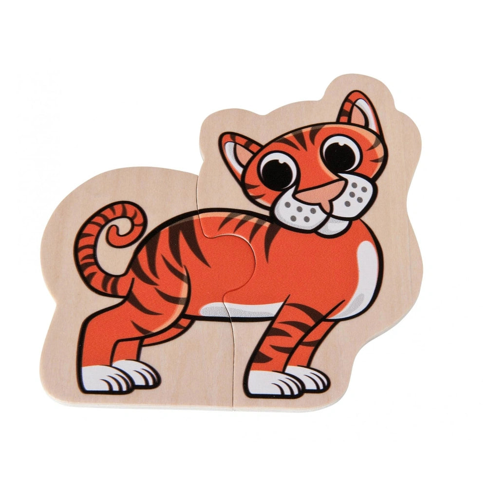 Eichhorn wooden animal puzzle piece depicting a playful cartoon tiger with vibrant colors and a three-dimensional effect.