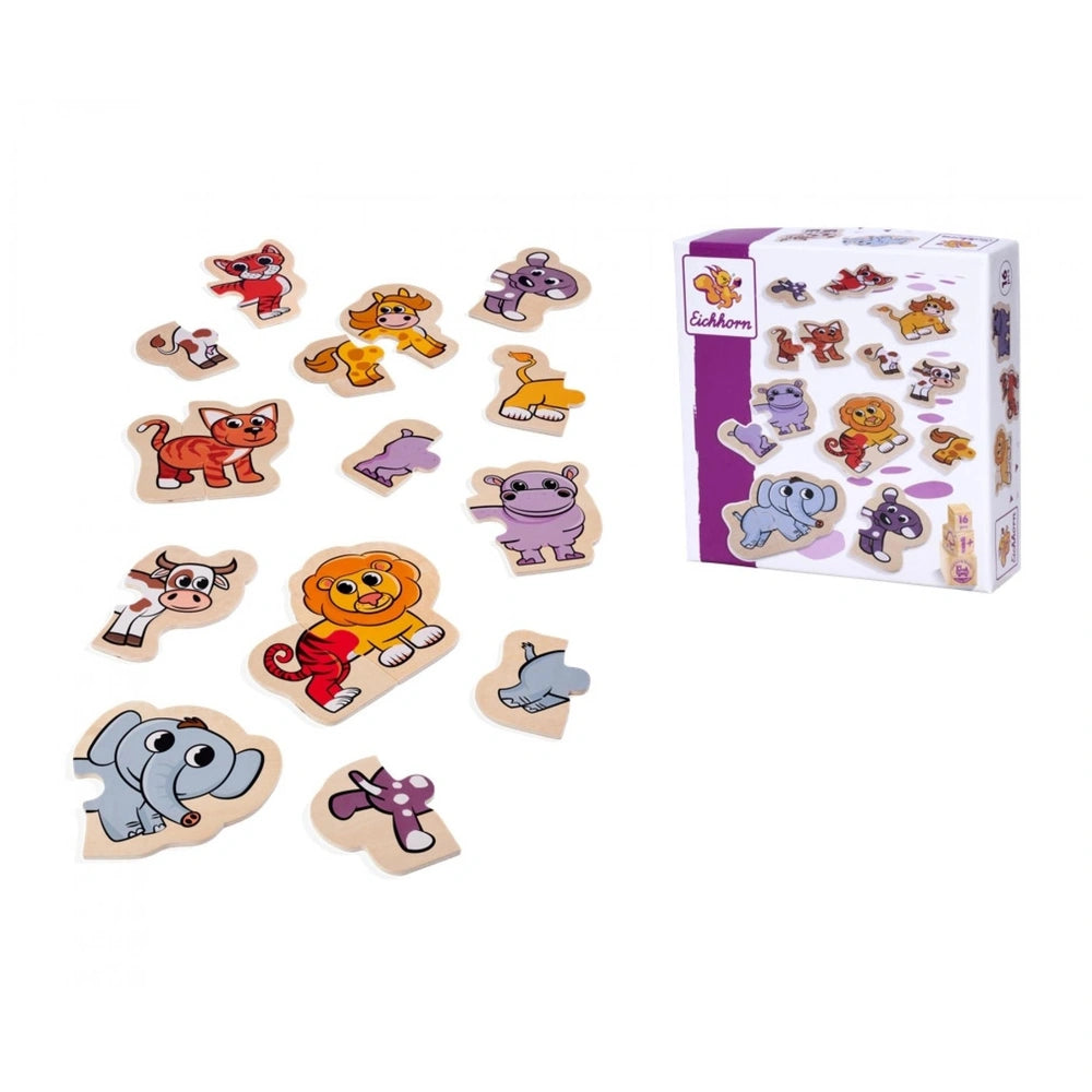 Eichhorn wooden animal puzzle featuring 16 colorful pieces of various cartoon-style animals for playful learning and fun.