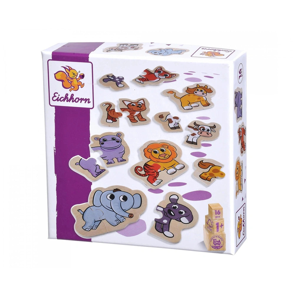Eichhorn Wooden Animal Puzzle featuring 16 colorful pieces and playful animal illustrations in a vibrant box design.
