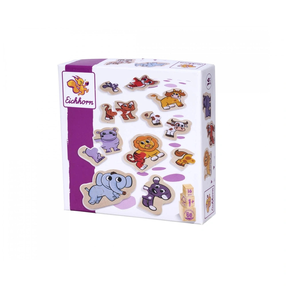 Eichhorn wooden animal puzzle featuring 16 colorful cartoon animal pieces in a vibrant box design on a white background.