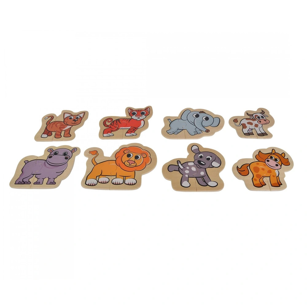 Eichhorn Wooden Animal Puzzle featuring 16 vibrant, cartoon-style animal pieces in a variety of colors and shapes.