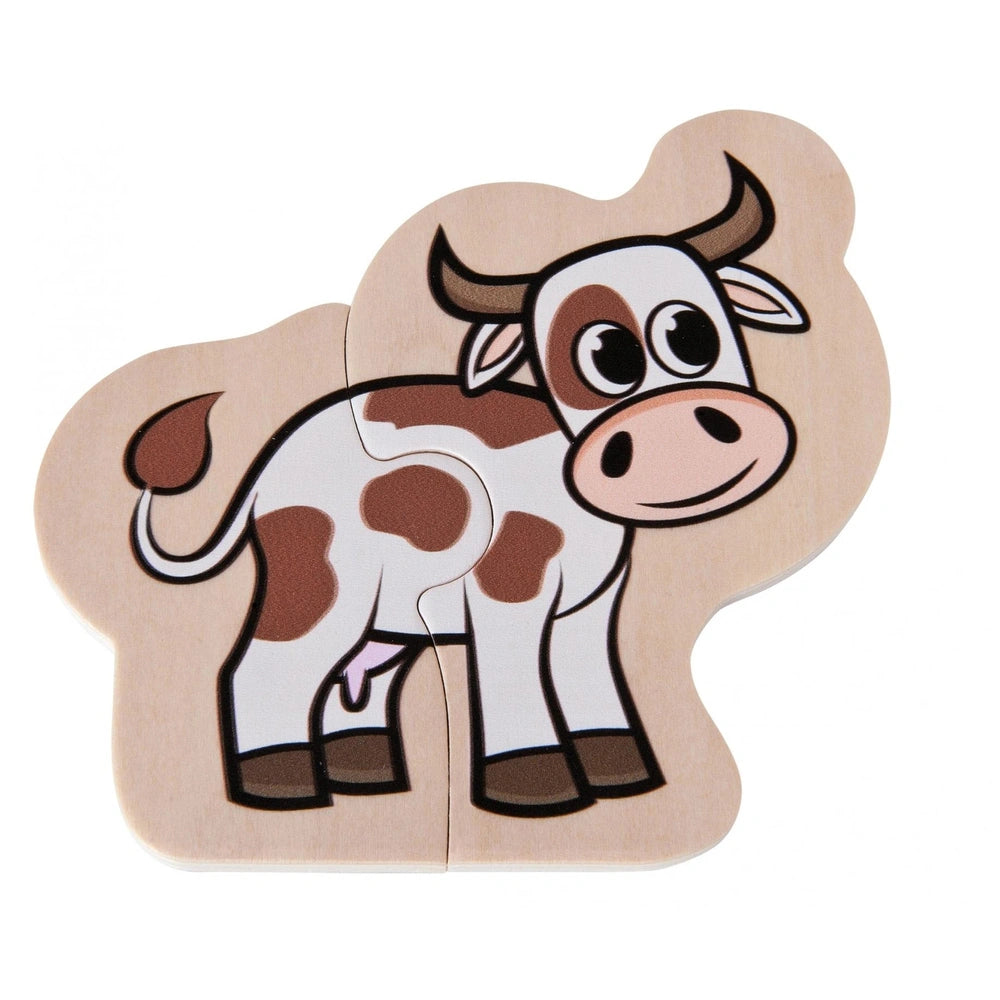 Eichhorn wooden animal puzzle featuring a smiling cartoon cow with spots, part of a 16-piece set on a plain background.