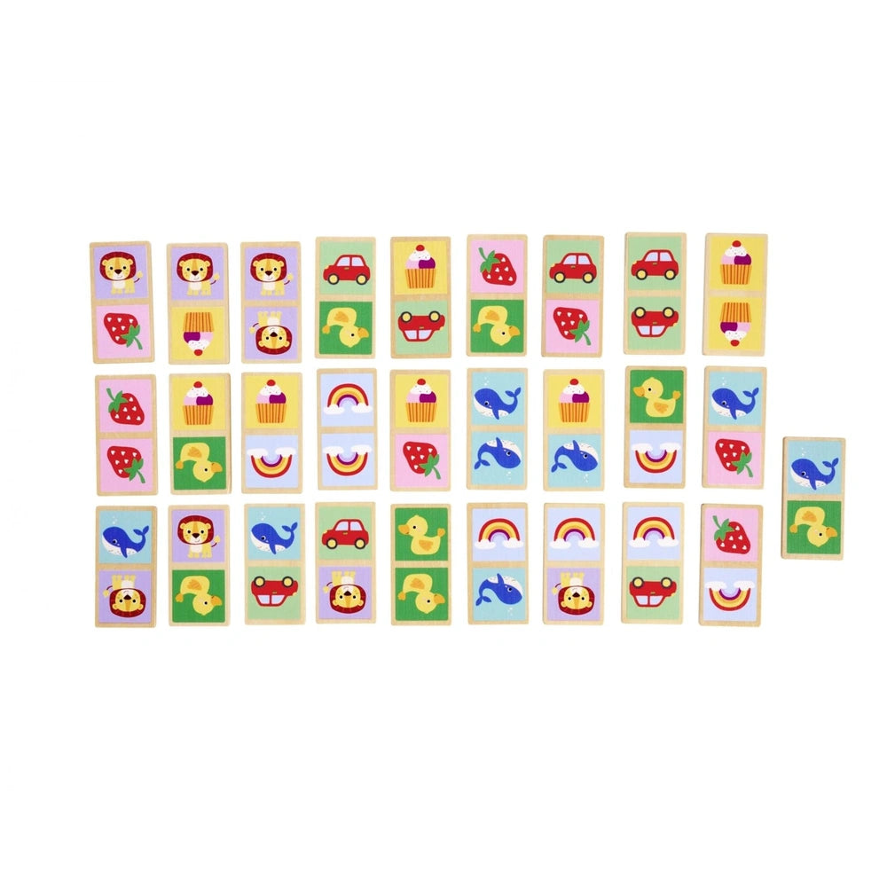 Eichhorn Wooden Domino Game features colorful, cartoon-like illustrations of animals, vehicles, and food for educational fun.