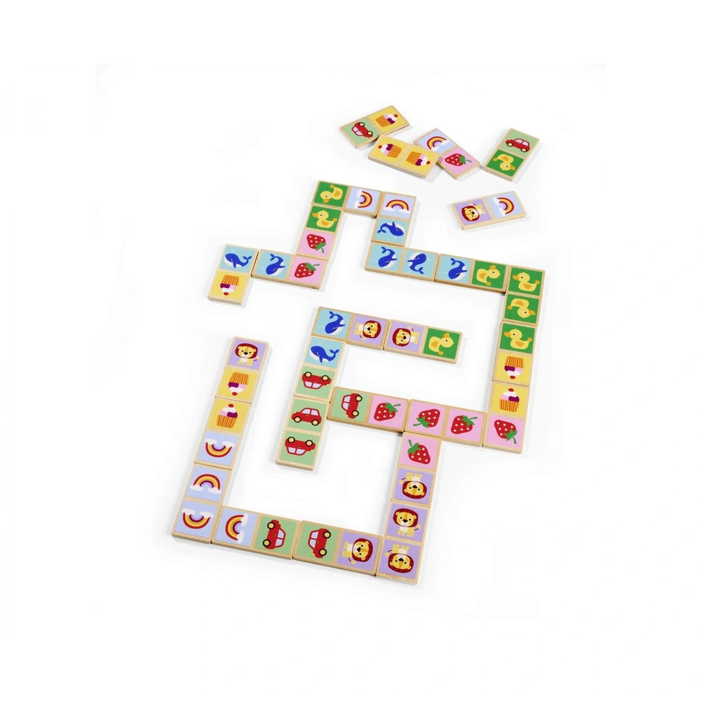 Eichhorn Wooden Domino Game features colorful wooden blocks in playful shapes, showcasing vibrant designs of animals and obje