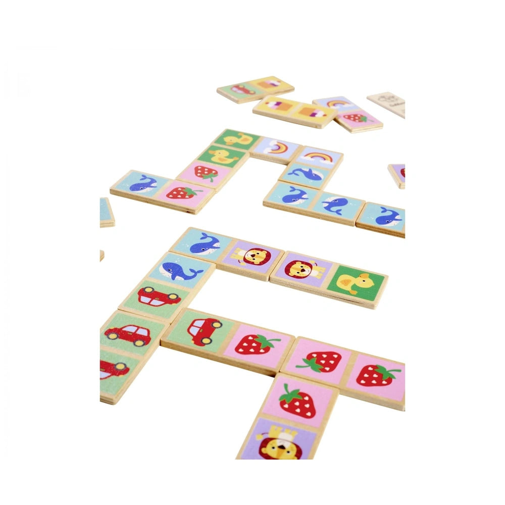 Eichhorn Wooden Domino Game features vibrant, colorful wooden pieces with various designs like animals and fruits for engagin