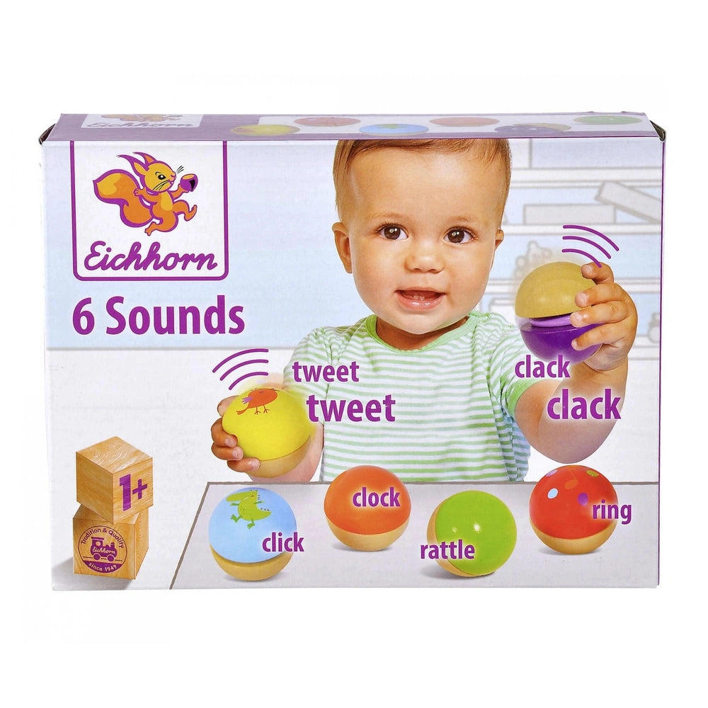 Eichhorn Wooden Music Balls set featuring 6 colorful sound toys designed for early childhood learning and play.
