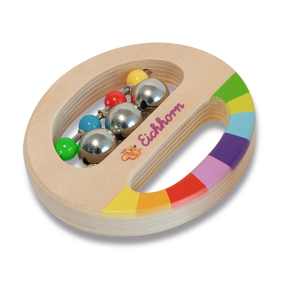 Eichhorn wooden music set features a colorful ring toy with metallic balls designed for childrens play and musical enjoyment.