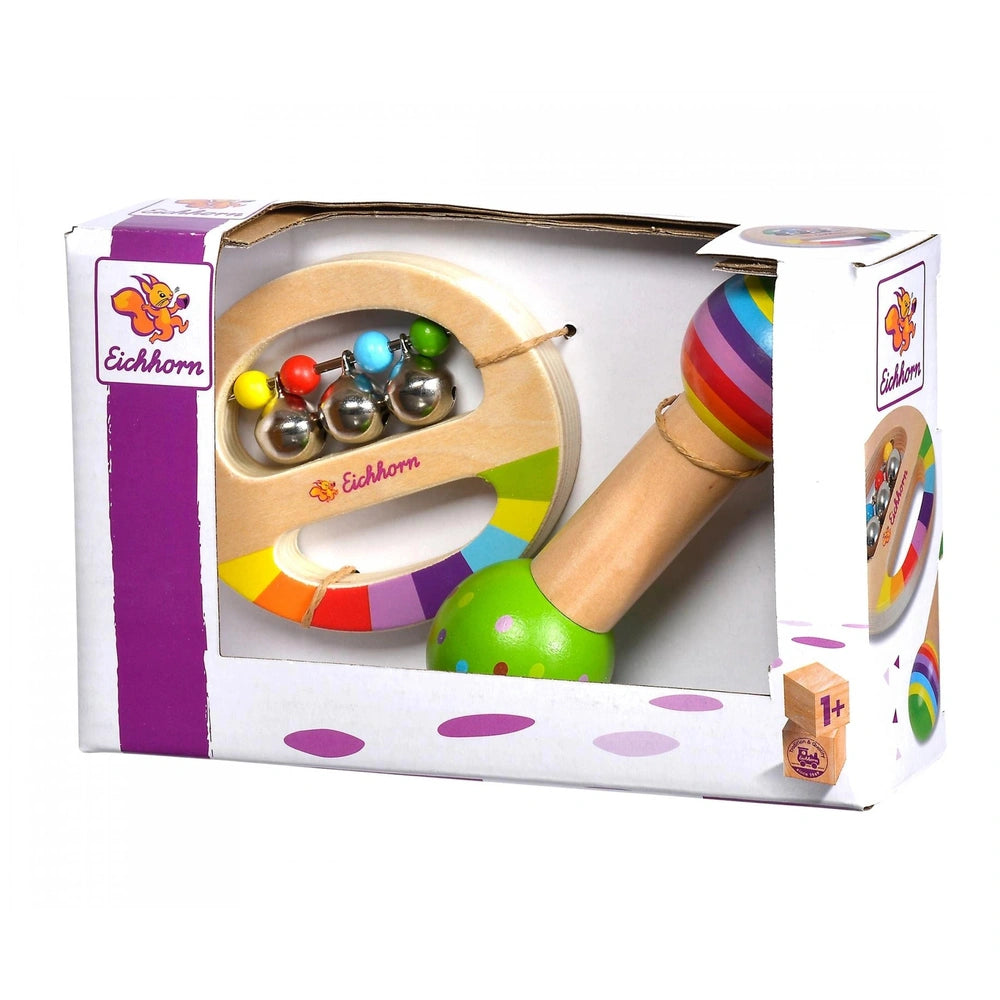 Eichhorn Wooden Music Set featuring a colorful spinning wheel and six vibrant metal balls in playful packaging.