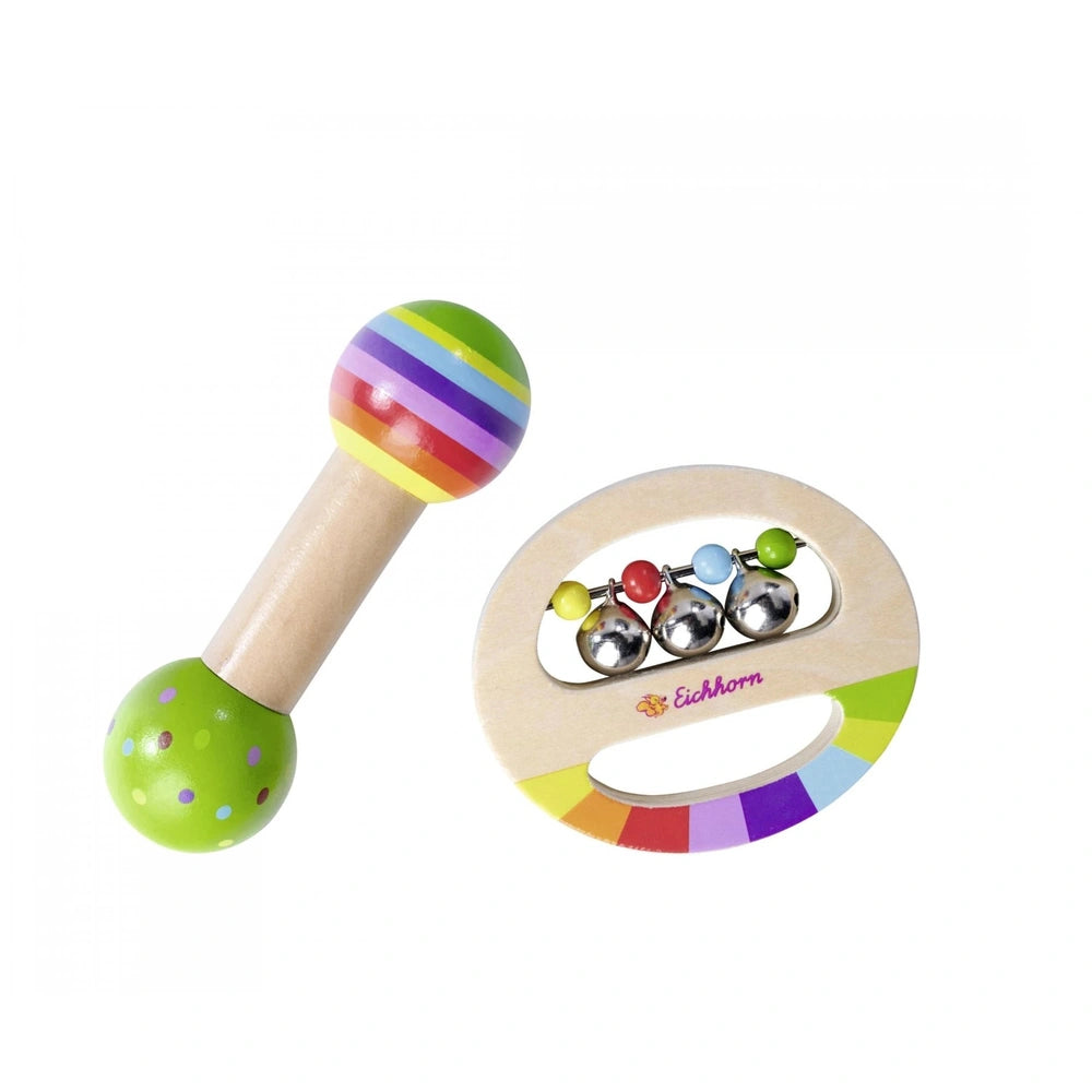 Eichhorn Wooden Music Set featuring colorful cylindrical toy and metallic ball ring designed for childrens musical play.