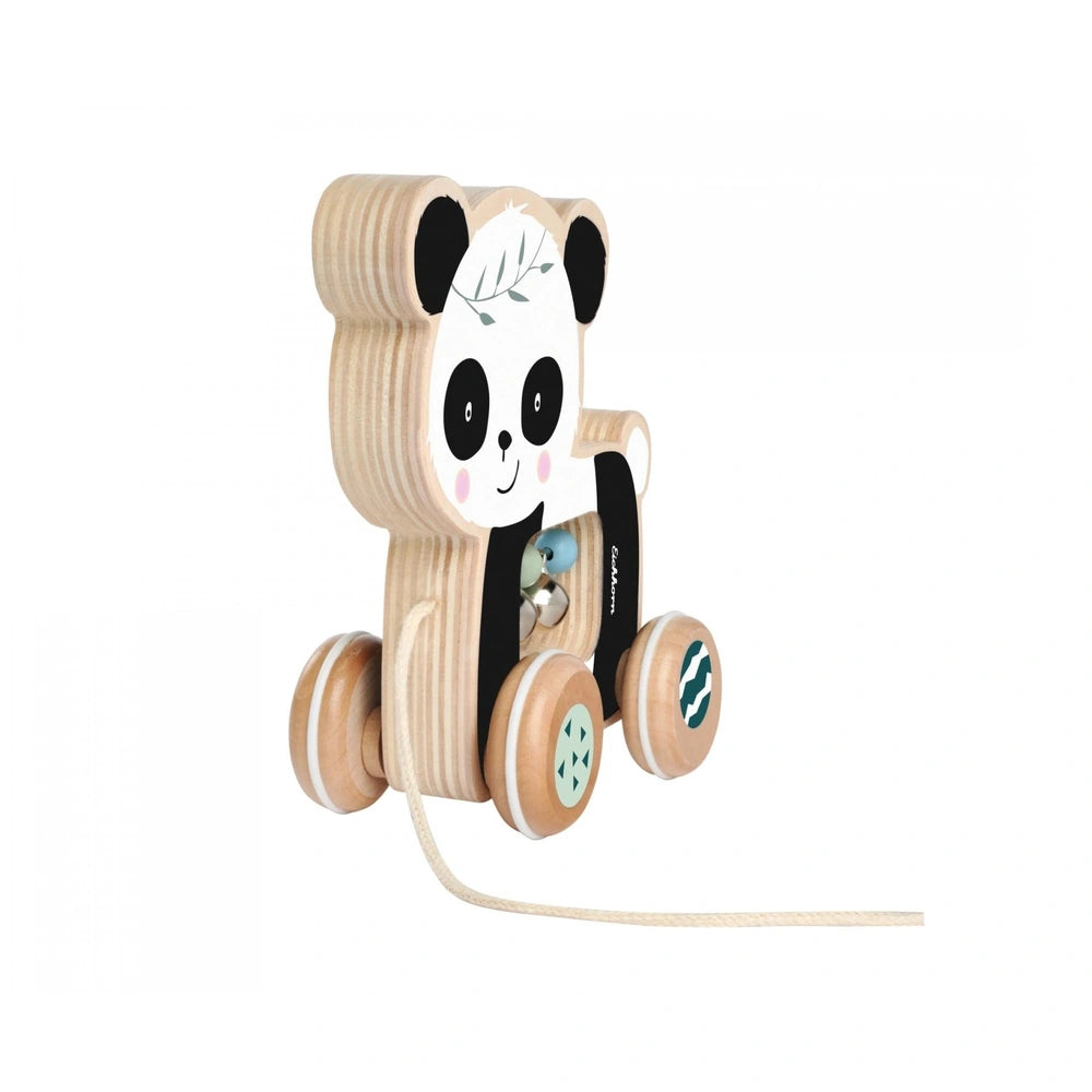 Eichhorn Wooden Pull Animal Panda toy with wheels, featuring a light wooden body and painted green leaves on its head.