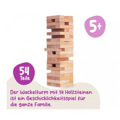 Eichhorn Wooden Stacking Tower with 54 wooden blocks, suitable for ages 5 and up, in a pyramid formation on a white backgroun