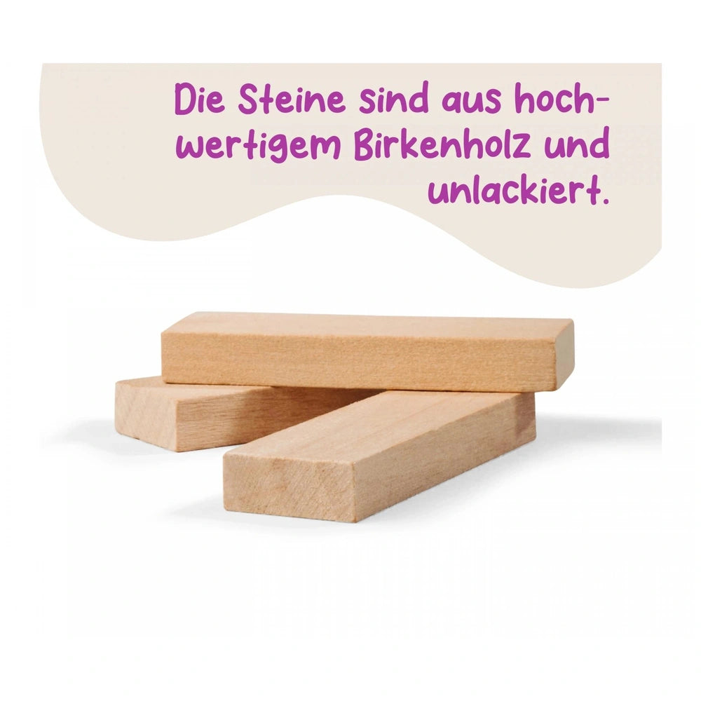 Eichhorn Wooden Stacking Tower with 54 light brown birch planks, emphasizing their quality and unvarnished finish against a w