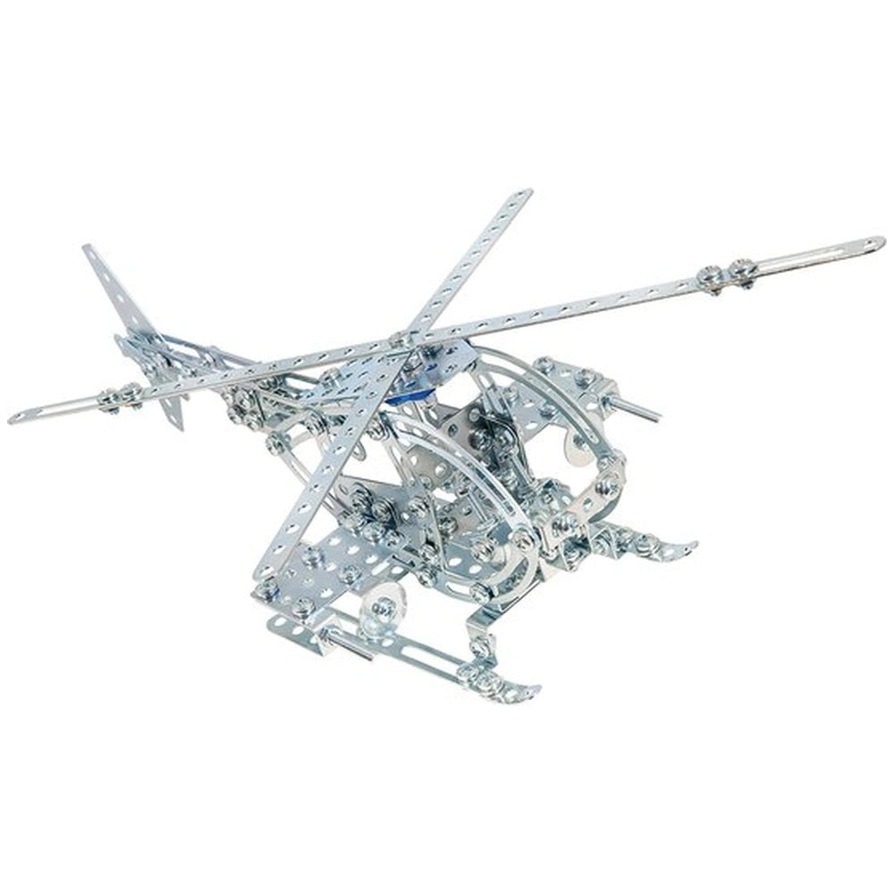 Eitech Army Helicopter construction set features a silver helicopter with reflective rotors, clear windows, and metal landing