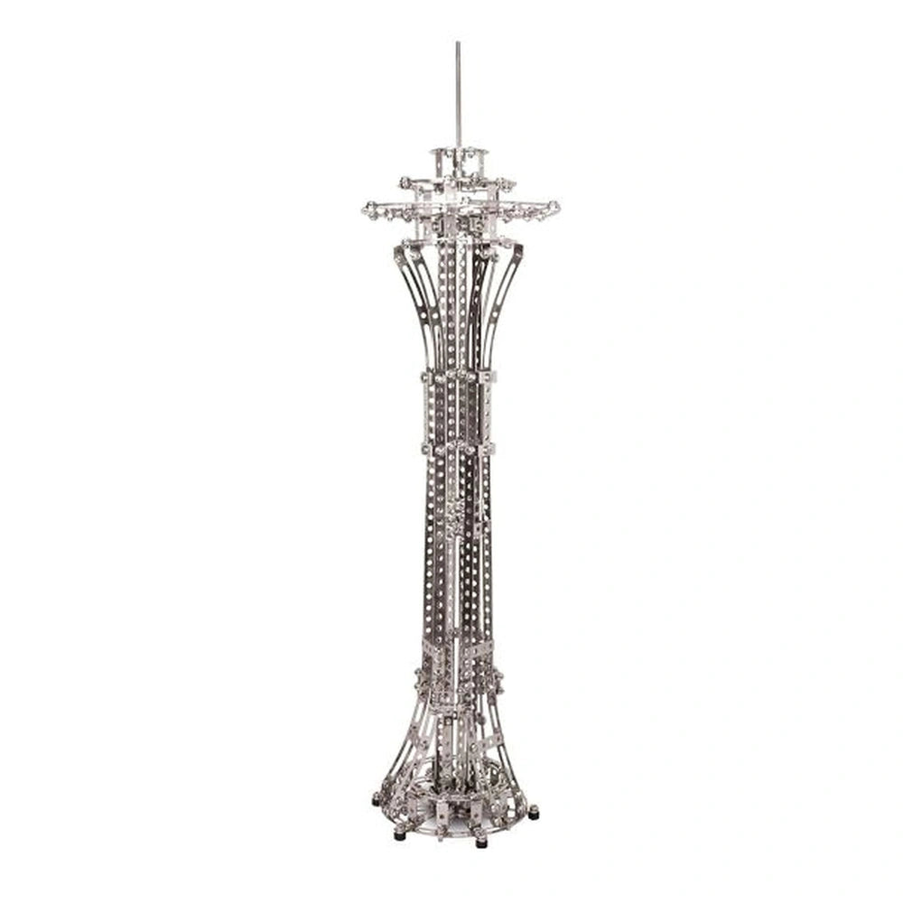 Eitech Deluxe Space Needle construction set features a shiny silver metallic structure with vertical and horizontal bars.