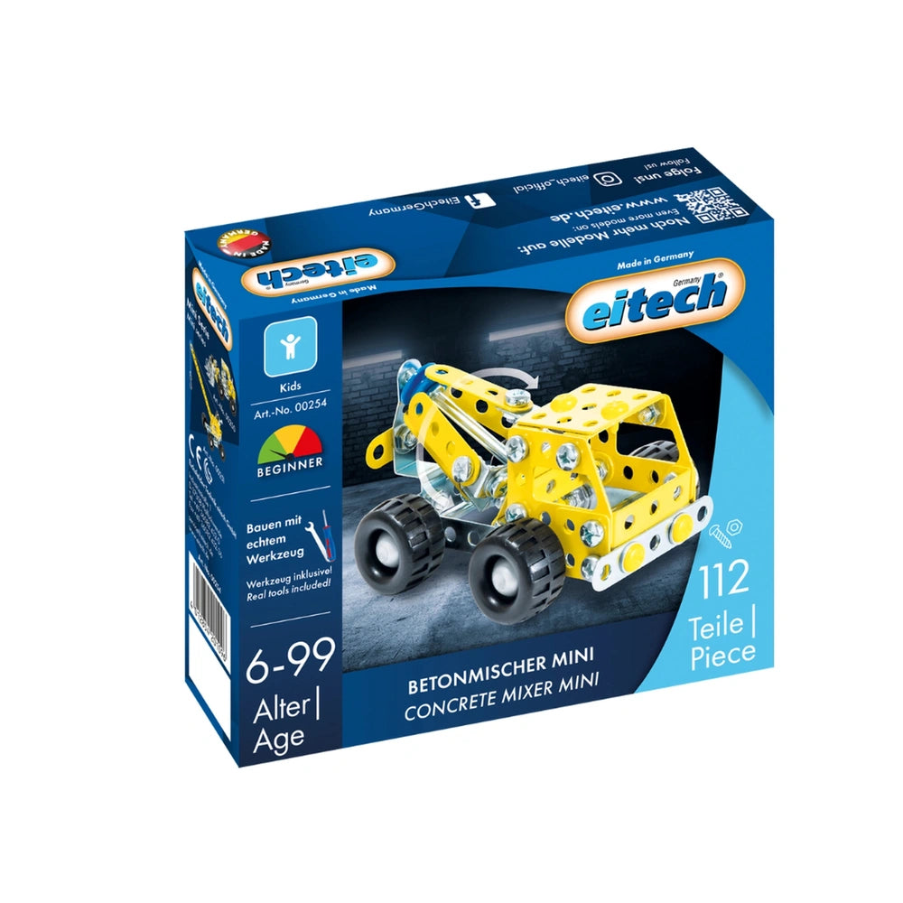 Eitech Mini Concrete Mixer construction set in a blue cardboard box with yellow and gray plastic components visible through t