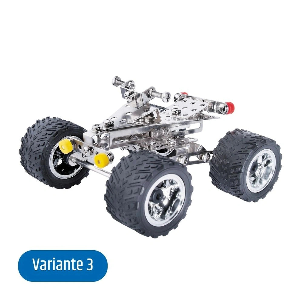 Eitech Racing Car construction set features a shiny metal frame, black wheels with textured tires, and "Variante 3" label.