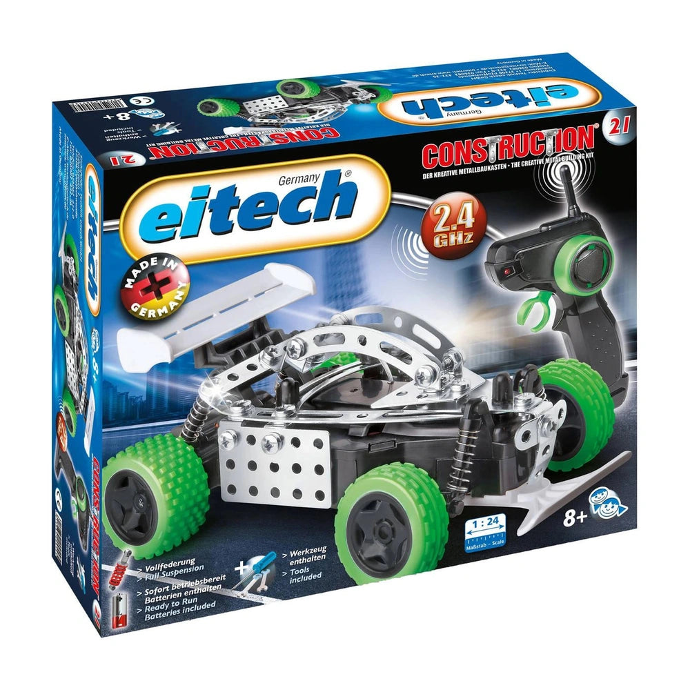 Eitech remote-controlled speed race car set in blue packaging, featuring green and black wheels, includes batteries and tools