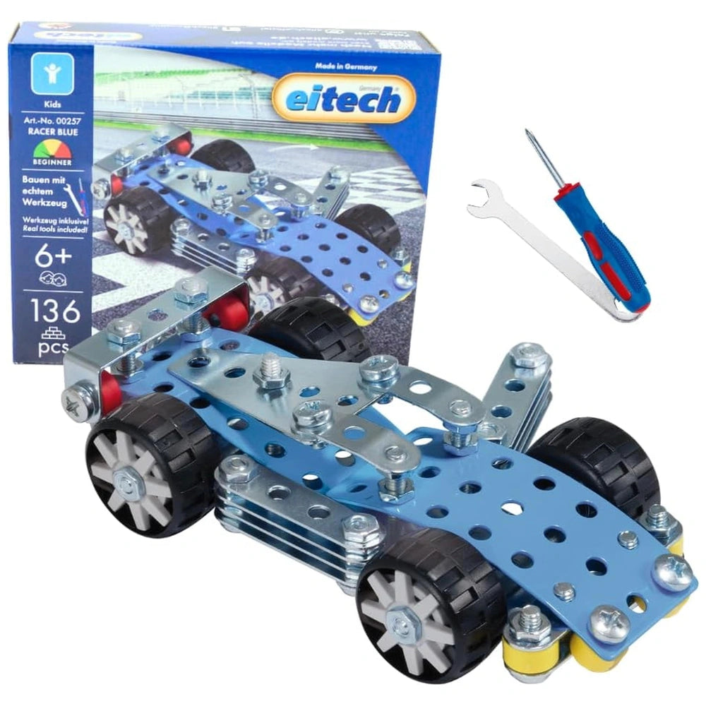 Eitech Rubin Rocket Racer construction set toy packaging features a blue box with 136 pieces, including tires, wheels, and to