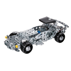 Eitech Speed Racer construction set features a shiny silver metal car with black accents, transparent windows, and detailed c