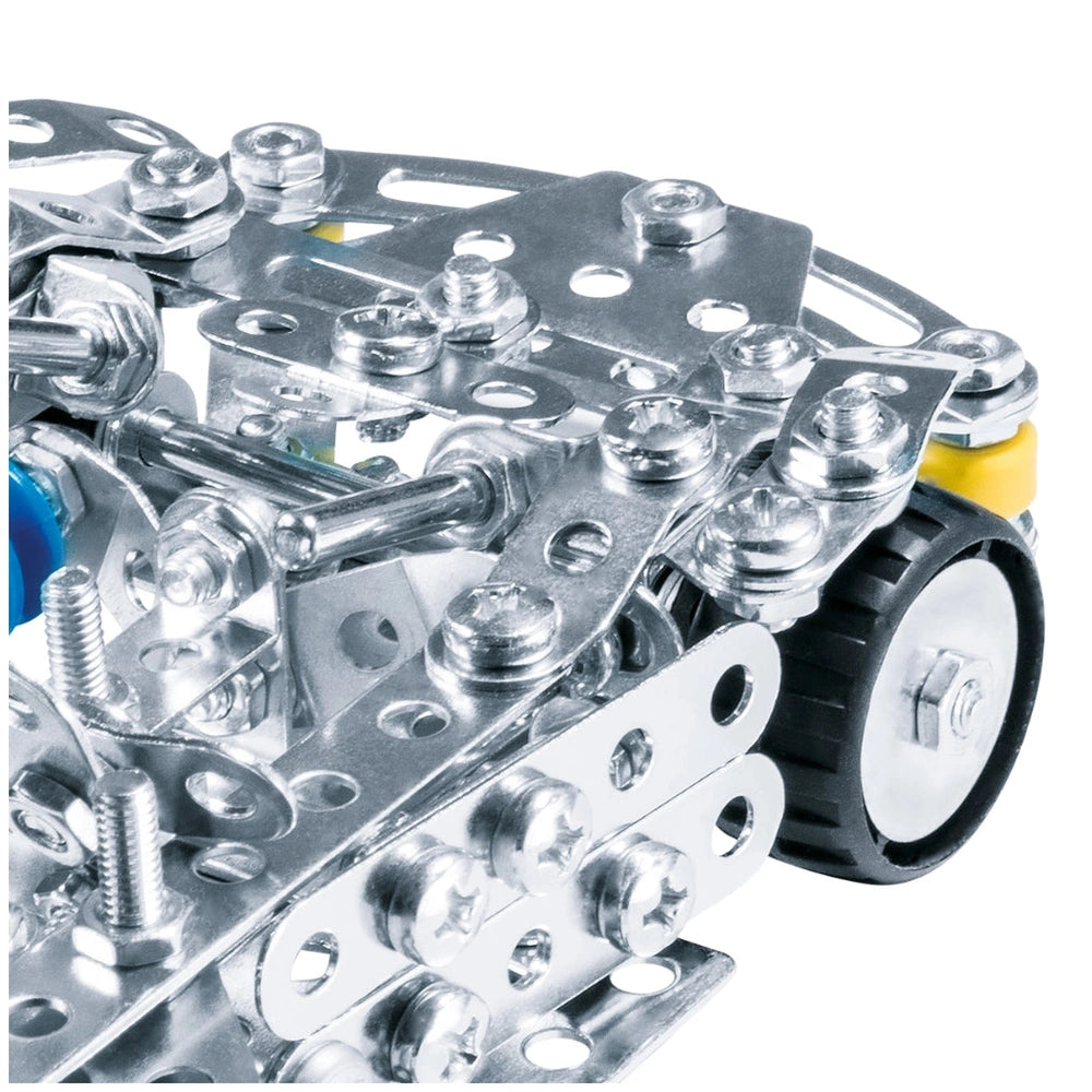 Eitech Speed Racer construction set features a silver metal frame, plastic wheel, and metal bracket with screws.