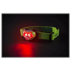 Energizer 3Aaa 350 Light Head Torch featuring a red light source, green textured strap, and metallic silver buckle.