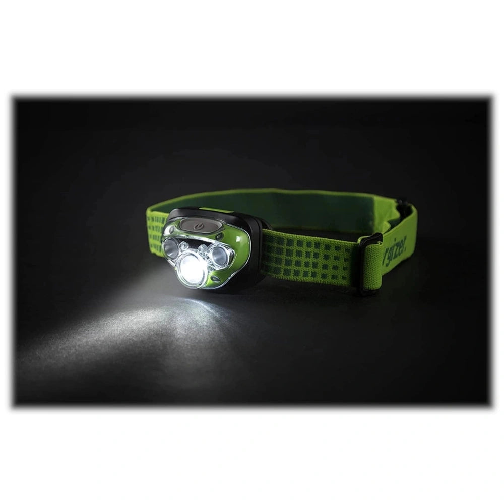 Energizer 3Aaa 350 Light Head Torch features a green strap, silver buckle, lens, and reflector for optimal lighting.